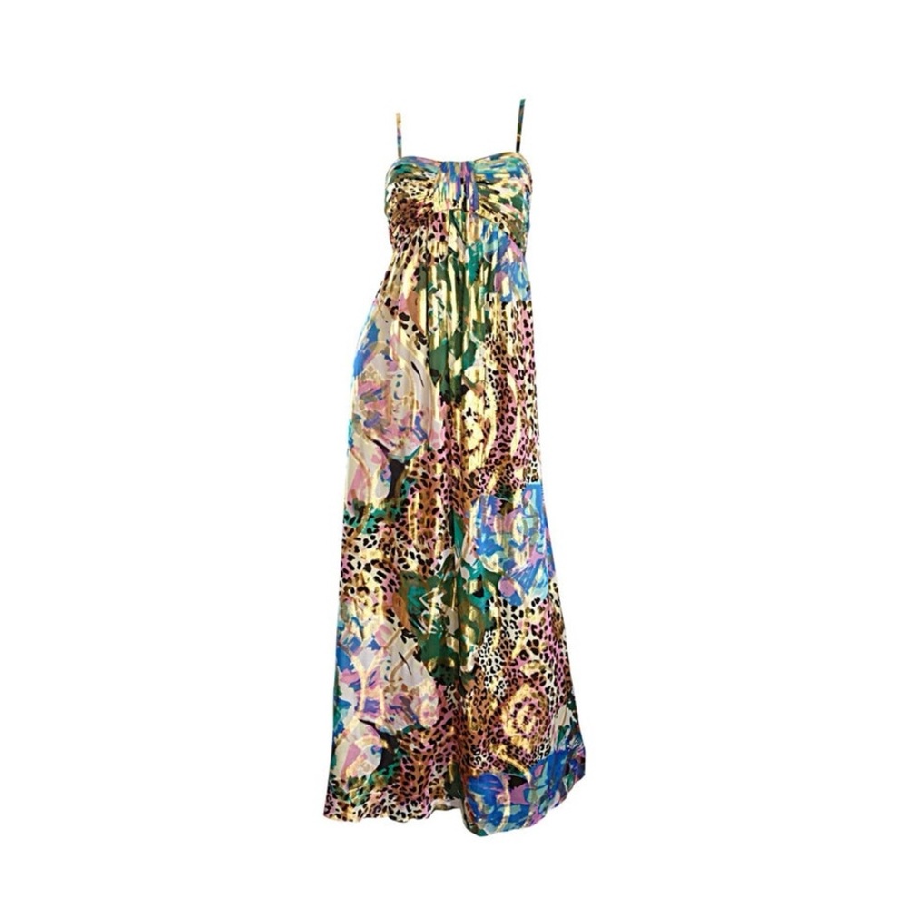 Vintage Oleg Cassini Multi Print Leopard Metallic Floral Abstract Empire Dress 6